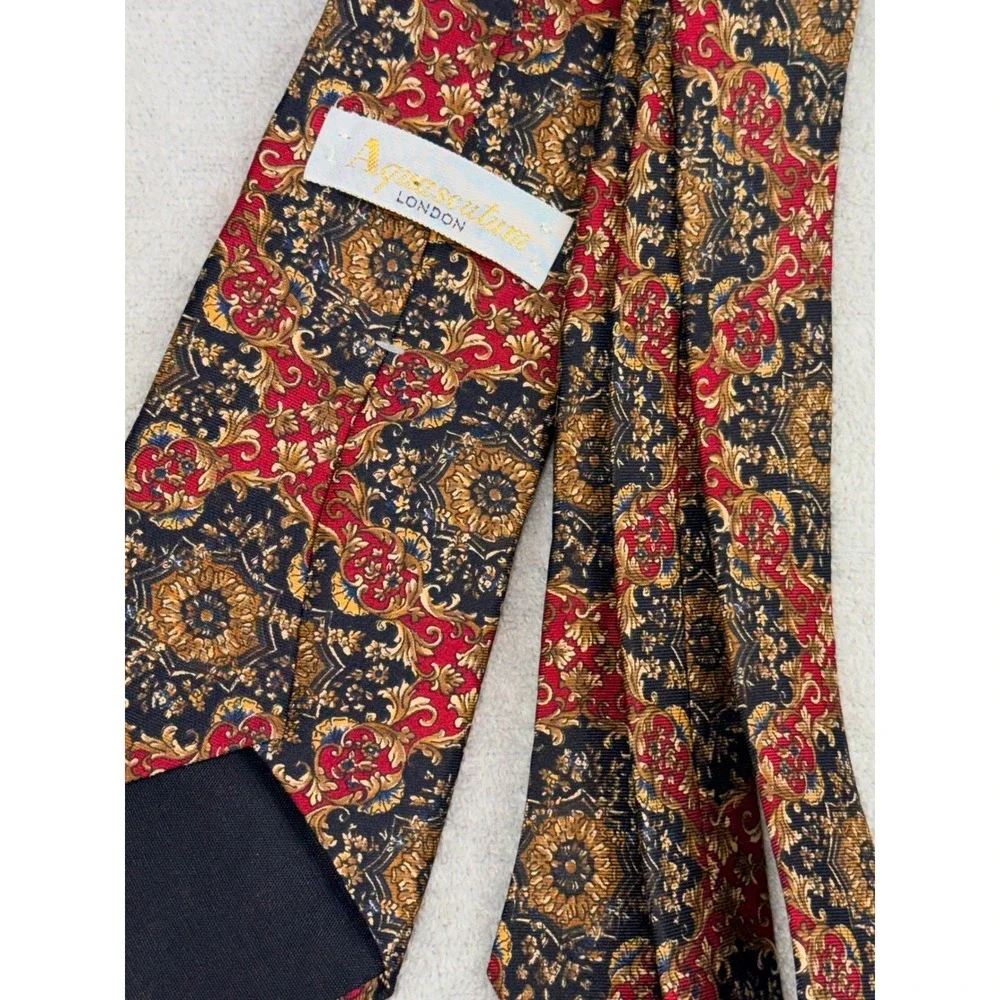 Aquascutum London Mens Silk Tie Red Gold Navy Blue Baroque Medallion Ornate‎ Tie